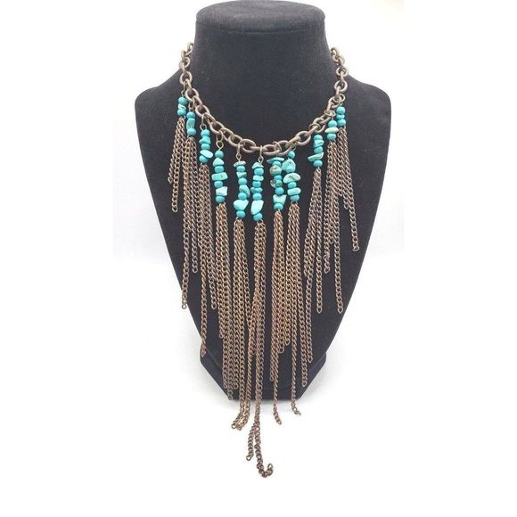 Unbranded Jewelry - Turquoise Gemstone Copper Tassel Fringe Statement Necklace